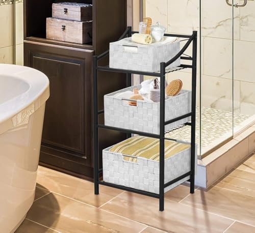 Sorbus Storage Box Woven Basket Bin Container Tote Cube Organizer Set Stackable Storage Basket Woven Strap Shelf Organizer Built-In Carry Handles (White) - color: White