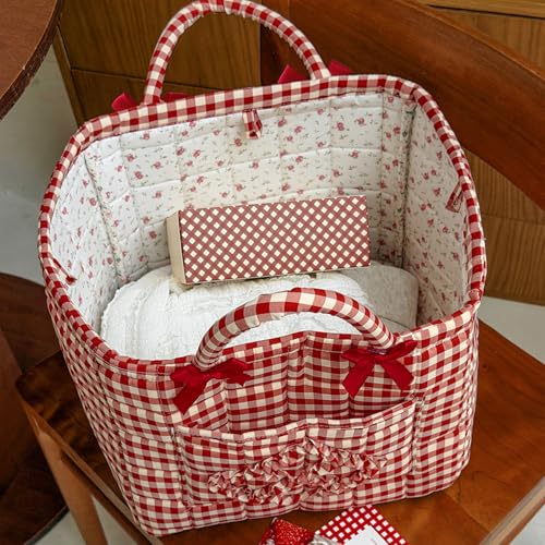 Floral Fabric Storage Basket Car Interior Storage Basket Underwear Sundries Laundry Baskets Supplies Home Organizer Bag (Red plaid) - color: Red plaid