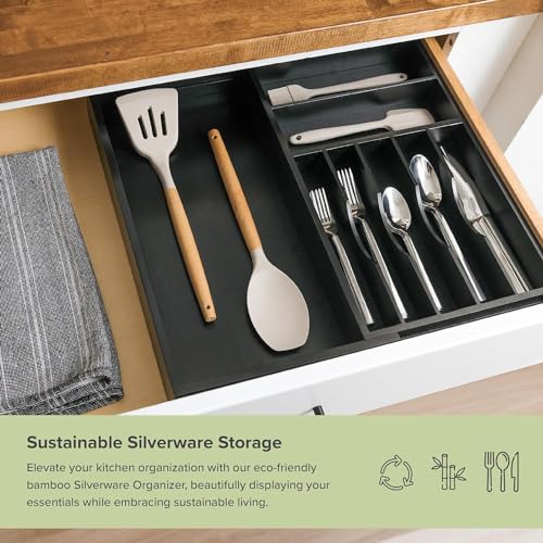 KitchenEdge Premium Silverware, Flatware and Utensil Organizer for Kitchen Drawers, Food-Safe Contract Grade, Expandable from 10.5 to 19 In, Black Bamboo - color: Black Bamboo, size: From 10.5" to 19" wide
