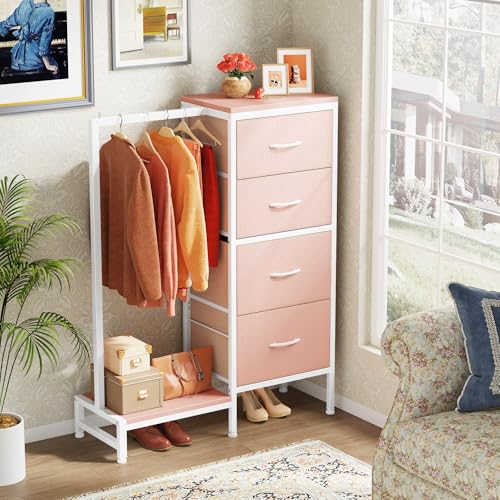 HIGDBFE Dresser with Hanging Rack, 4 Drawers Small Closet for Bedroom, Reversible Fabric Kids Chest of Drawers with Clothes Rack, Tall Storage Tower, Sturdy Frame, Pink, 44''H - color: Pink