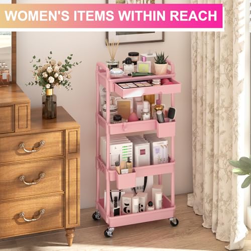 Goovilla 4 Tier Rolling Utility Cart Organizer with Removable Drawer, Stable and Sturdy Pink Rolling Storage Carts with 2 Lockable Wheels for Bathroom, Kitchen, Snack, Craft, Makeup, Baby Essentials - size: 4 Tier, style: Pink