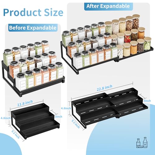 BOIVSHI Spice Rack Organizer for Cabinet, Expandable 3 - Tiered Spice Rack, Metal Spice Organizer, Spice Shelf Organizer for Cabinet, Countertop, Pantry, Cupboard, Black