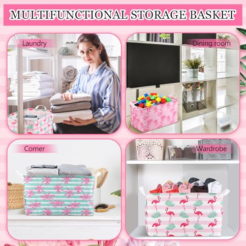 Geelin 3 Pcs Flamingo Baskets Summer Storage Basket for Gifts Collapsible Waterproof Canvas Cute Storage Bin Organizer with Handles for Book Closet Shelf Nursery Decor - style: Flamingo