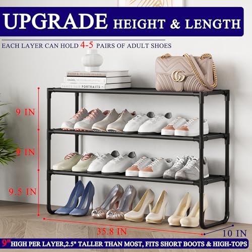 Long Shoe Rack, 3-Tier Stackable Shoe Organizer for Closet, Entryway, Hallway, Extra Bottom Layer, Holds 16-20 Pairs, Sturdy & Durable Waterproof Fabric Shelf, Space-Saving,Black(35.8" Wide) - size: 3-Black