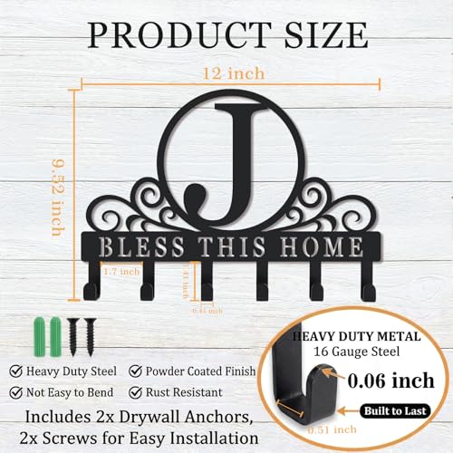 Metal Letter J Key Holder for Wall, Decorative Metal Key Holder Wall Mount, Key Hooks Coat Rack Monogram Wall Decor, Perfect for Bathroom, Living Room, Kitchen, Anniversary Housewarming Gift - style: J