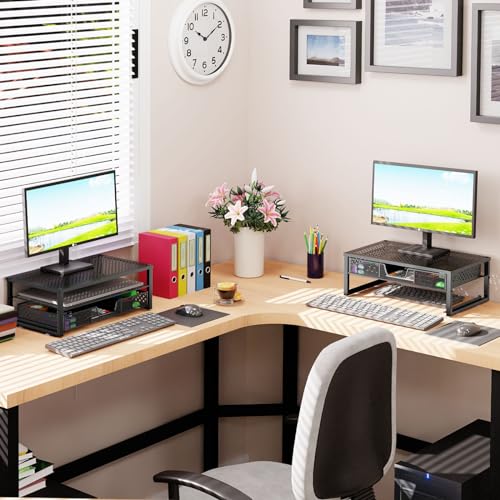 Simple Trending Metal Monitor Stand Riser and Computer Desk Organizer with Drawer for Laptop, Computer, iMac, Black - color: Black