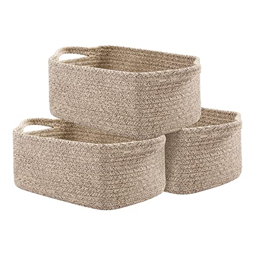 OIAHOMY Cotton Rope Baskets, Woven Baskets for Storage, Nursery Storage Baskets, Rectangle Storage Basket with Handles, Storage Baskets for Shelves, Pack of 3, Brown Variegated - color: Brown Variegated