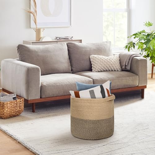 MEGASKET Large Wicker Storage Basket, 16" x 14" Woven Baskets for Storage, Blanket Storage for Living Room, Big Round Wicker Bin for Laundry, Pillows, Towels, Shoes, Dog Kids Toy Box, Home Decor - color: Black and Jute