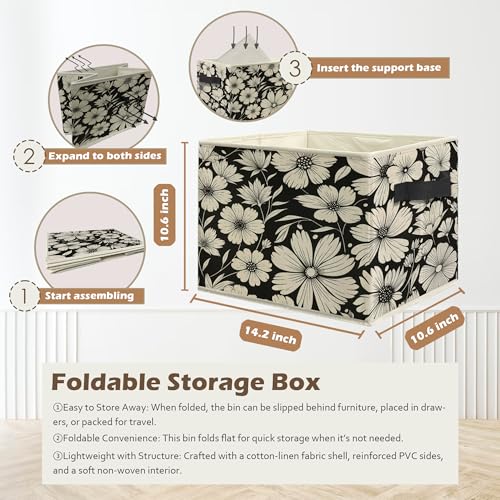 Black and White Floral Storage Box Bins, Vintage Botanical Daisy Flower Collapsible Storage Basket Organizer for Bedroom Laundry Room Home Clothes Toys Books, Toybox for Girls - color: Floral L