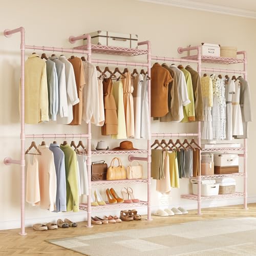 ONBRILL L4 Wall Mounted Industrial Pipe Clothing Rack, Closet Organizer System with 6 Hanging Clothes Rods ( 4 Expandable Rods) & 8 Shelves, Heavy Duty Corner Garment Rack, Large Wardrobe - Pink - color: Pink