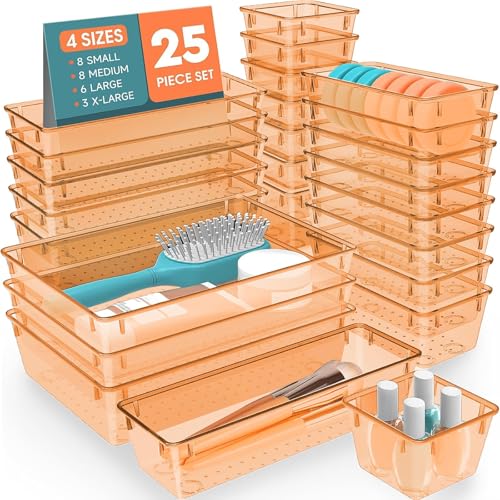 SpaceHacks 25 PCS Plastic Drawer Organizer Set, 4-Size Versatile Organizer Trays & Storage Bins for Makeup, Jewelry, and Gadgets in Bathroom, Bedroom and Office,Orange - color: Orange