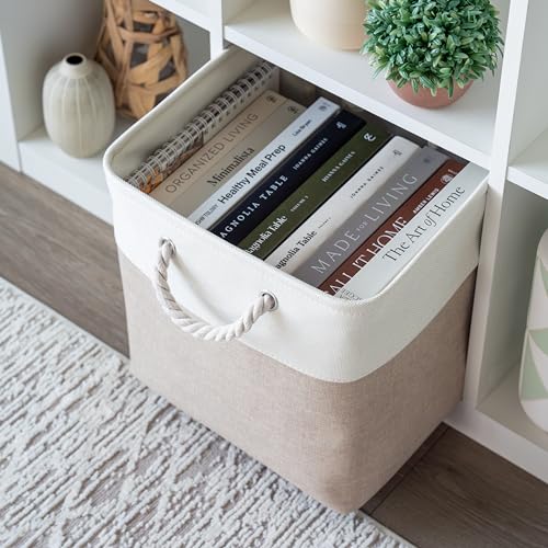 OrganiHaus 13x13 Cube Storage Bins 4 Pack, Foldable Cube Storage Organizer w/ Rope Handles, Collapsible Fabric Bins for Toys, Clothes & Closet Organization, Fabric Square Baskets - Beige/White - color: Beige Base / Off-White, size: 4 pcs (13x13)