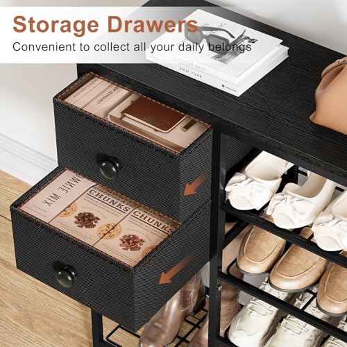 5-Tier Shoe Rack with 2 Fabric Drawers, Metal Frame and Wooden Board Shoe Organizer for 16-20 Pairs of Shoes, Shoe Shelf with Boots Storage for Entryway Closet Black - color: Black