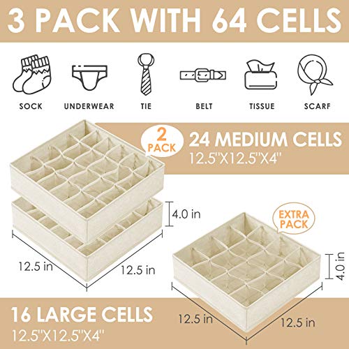 Criusia 3 Pack Sock Underwear Drawer Organizer Dividers, 64 Cell Fabric Foldable Cabinet Dresser Closet Organizers and Storage Boxes for Organizing Socks, Underwear, Ties (16+24+24 Cell, Beige) - color: Beige, size: A - 3 Pack & 64 Cells