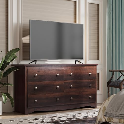 WLIVE Wooden Dresser for Bedroom, 6 Drawers Chest of Drawers, 59" Wide Modern Dresser Closet Storage Organizer for Living Room Hallway, Brown - color: Brown, size: 6 Drawers