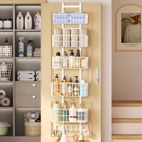 Hongtamoya Adjustable Over The Door Organizer, Metal Hanging Door Organizer with 5 Wire Basket 7 Hooks, Wall Mounted Shelf for Pantry Closet Organization and Storage, White - color: White Wire Basket