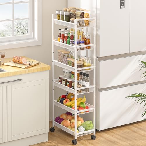 6 Tier Slim Rolling Storage Cart, Narrow Mobile Shelving Unit Organizer Utility Cart with Wheels, Metal Wire Storage Rack with Baskets for Kitchen, Bathroom, Laundry & Living Room, 10in(W) White - color: White, size: 6 Tier(10 inches)