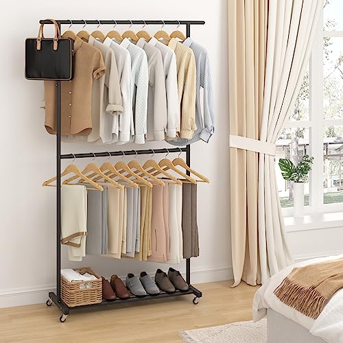 Sywhitta Double Rod Clothing Garment Rack, Rolling Coat Hanger with Bottom Mesh, Clothing Rack for Hanging Clothes, Coats, Skirts, Sweaters, Black - color: Black, size: With mesh