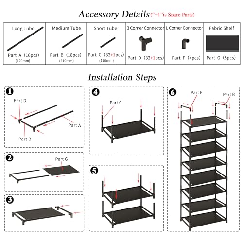8-Tier Tall Shoe Rack for Closet, Entryway, Adjustable Sturdy Durable Shoe Shelf,Narrow Shoe Stand Organizer (18" W×10" D×58" H,Black) - size: 8-Tier-Black(18" W×10" D×58" H)
