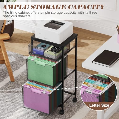 Sbanmao 3 Drawer Mobile File Cabinet for Home Office, Rolling Filing Cabinet on Lockable Wheels, Hanging File Folders Organizer, Utility Cart Storage and Organizer, Printer Stand, Black - color: Black, size: 1 Small + 2 Large Drawers