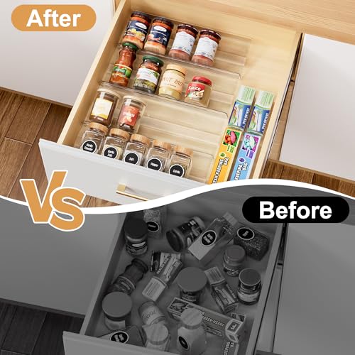4-Pack Adjustable Spice Rack Organizer for Drawer, Expandable Seasoning Storage (13" to 26") with Anti-Slip Mat, Acrylic Tiered Spice Tray for Condiment, Nail Polish and Jar Organization - size: 4-Pack