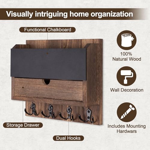 Mail and Key Holder Wall Mount with Storage Drawer – Modern Wooden Mail Organizer for Wall Entryway, 7 Key Hooks & Chalkboard Panel – Stylish Home Decor for Apartments, Living Room, Office - color: Brown