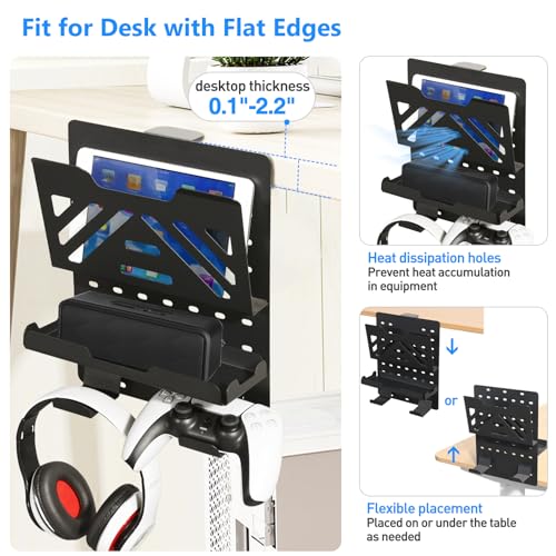 MAXECHO Desk Side Storage Holder, Metal Pegboard, Above or Under Desk Laptop Mount, Table Side Hanging File Organizer, Clamp On Cable Management Tray, Peg Board for Gaming, Office - color: Black, size: Single-deck with Cable Tray & Hooks