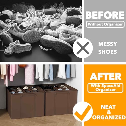 SpaceAid Shoe Organizer for Closet, 2 Pack Foldable Shoe Storage Containers Baskets Boxes Bins w/Adjustable Dividers, Fits 16-32 Pairs, Brown - color: Brown
