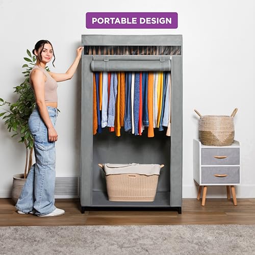 HOLDN’ STORAGE Portable Wardrobe Closet - 50 lb Capacity, Internal Heavy Duty Metal Rod, Zipper & Clear Window, Durable Clothes Organizer, Tool-Free Easy Assembly, Dark Gray Canvas Cover - color: Dark Gray, size: Medium