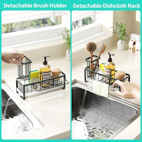 HapiRm Sponge Holder for Kitchen Sink - Self-draining Sink Caddy with Brush and Dishcloth Holders, Stainless Steel Kitchen Organizer for Countertop - Green - color: Green, size: with Dishcloth Holder