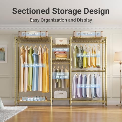 VIPEK Classic V6 Wire Garment Rack Heavy Duty Clothes Rack with 7 Adjustable Shelves & 4 Hanging Rods, Compact DIY Metal Clothing Racks 68.9" L x 15.7" W x 76.4" H, Max Load 840LBS, Gold - color: Gold, size: Classic V6 Standard