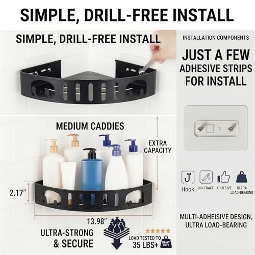 Adhesive Corner Shower Shelf No Drill | Rust-Proof Aluminum Alloy Stick On Bathroom Organizer with Shaving Holder for Shampoo, Conditioner, Soap, Razors Black 3Pack - color: Black 3 Layers, size: 3 Layers