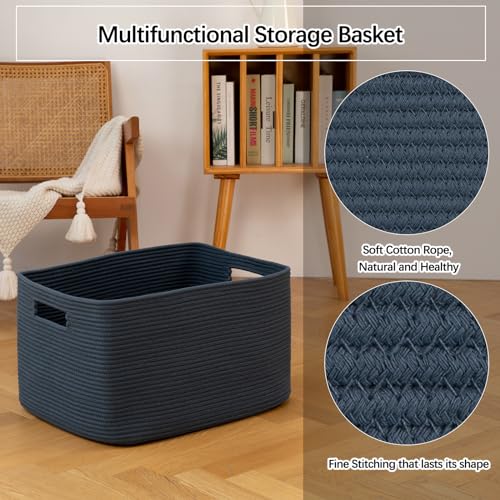 OIAHOMY 75L Large Blanket Basket, Woven Storage Basket with Handle, Cotton Rope Basket 22”x17”x12”,Blanket Basket Living Room, Toy Basket for Nursery, Blue - color: Blue, size: 22”x17”x12”