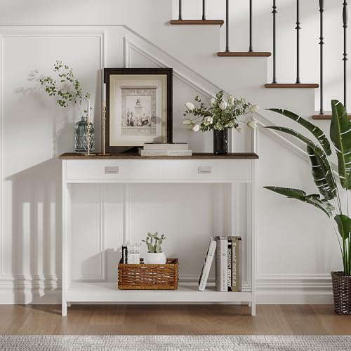 ChooChoo 39" Farmhouse Entryway Table with Drawer, Narrow Console Table with Storage Shelf, Sofa Table for Living Room, Entryway, and Hallway, White and Brown - color: White&brown, size: 11.8"D x 39.4"W x 31.5"H