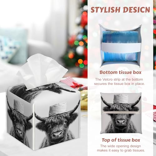 2 Pcs Tissue Box Cover Square,Funny Highland Cow Tissue Box Holder Leather Facial Paper Organizer Dispenser for Bathroom Kitchen Bedroom Night Stand Office Desk - color: Funny Highland Cow