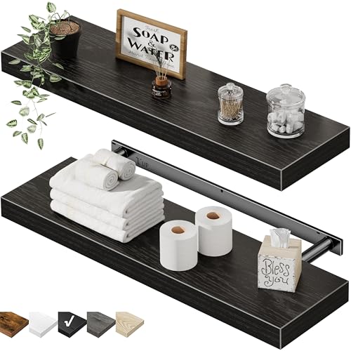 QEEIG Floating Shelves for Wall 23.6" Long - Wall Mounted Shelf Bathroom Kitchen Living Room Bedroom Farmhouse Home Decor Display Bookshelf Large 23.6 x 9.3 inch Set of 2, Black (008-60B) - color: C. Black, size: 23.6"