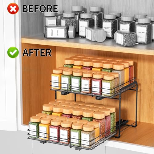 RCHYFEED Spice Organization for Cabinet,2 Tier Pull out Spice Rack Organizer for Inside Cabinets & Pantry, Slide out Heavy Duty Spice Shelf Rack for Kitchen Seasoning (11.5" Wx10.5 Dx9.5 H) - size: 2 Tier-11.5''Wx10.5''Dx9.5''H