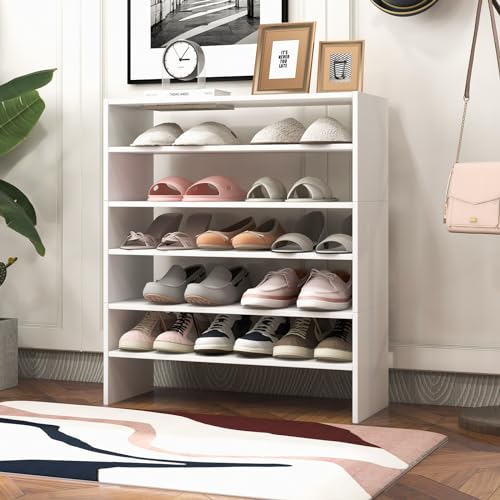 Giantex 3-in-1 Vertical Shoe Rack, 6-Tier Free Standing Shoe Storage Organizer w/Stackable Design for 18 Pairs, 31 Inch Wide Wood Shoe Shelf for Closet, Entryway, Living Room, Office, White - color: White