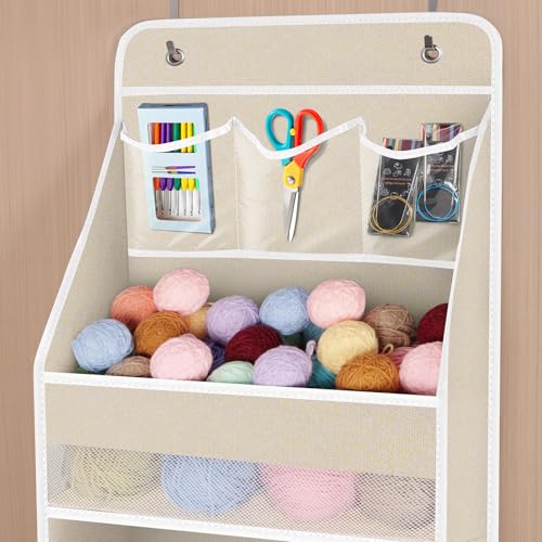 Univivi 5-Shelf Over Door Hanging Organizer Fabric Door Storage with 4 Large Pockets and 3 Small PVC Pockets Wall Mount Hanging Storage Organizers for Baby Nursery (Beige Pattern) - color: Beige Pattern, size: 5 LAYER