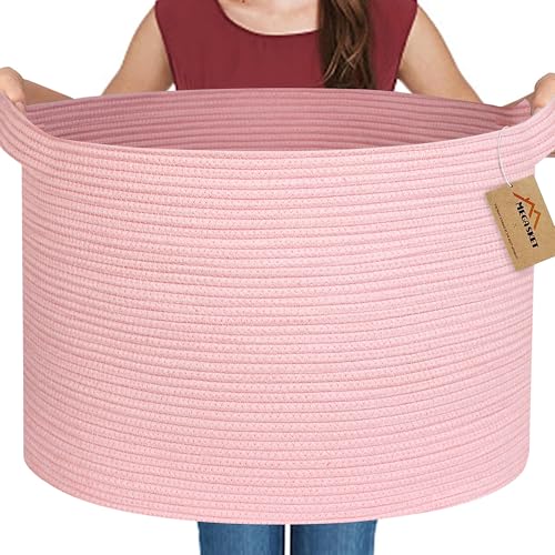 MEGASKET Extra Large Pink Basket, 22"x22"x14" Woven Cotton Rope Bin with Handles, Blanket Storage for Living Room, Baby Kids Toy Storage Bin Box, Wicker Laundry Basket, Pink Room Decor Organizing - color: Pink, size: 22"x22"x14"