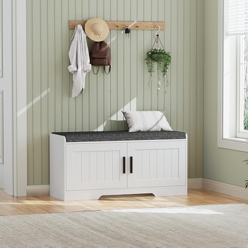 Homleke 2-Tier Storage Bench, Shoe Bench with Thickened Padded Seat Cushion, Entryway Bench with 2 Doors, Adjustable Shelf, 13.8" D x 37.4" W x 18.5" H, for Entryway, Living Room, Bedroom, White - color: White, size: 37.4"