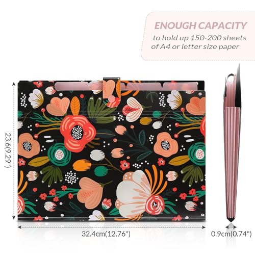 SKYDUE Expanding File Folder with 5 Pockets, Floral Accordion File Organizer for Important Document, Portable Receipt Paper Organizer, School Office Supplies Black - color: Black