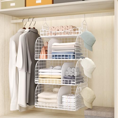 HapiRm Hanging Closet Organizer Storage - 3 Tier Metal Stackable Hanging Closet Shelves with Dividers and S Hooks, Foldable Clothes Shelves for Clothes, Pants, Shoes, Coat, Hats Clutches Accessories - color: White, size: 4-Tier