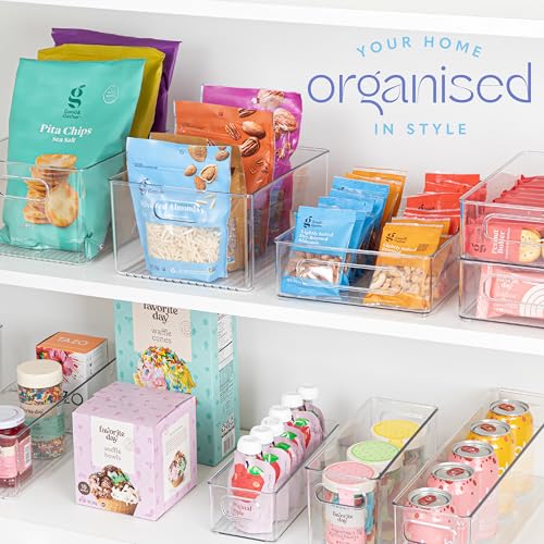 Plastic Food Storage 2 Pack Clear Container Bin with Handles for Organizing Kitchen, Pantry, Refrigerator, Freezer, Pantry, Cabinet, Closet, Bathroom 10”x8”x5” - size: 10x8x5