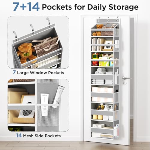 Mefirt Over The Door Organizer, 7 Tier Door Hanging Organizers with 7 Large Pockets 12 Side Pockets, Behind Door Storage Hanging Shelves for Closet Bathroom Bedroom Nursery - color: Grey, size: 7-Tier