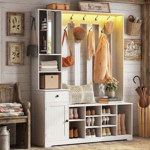 Hall Tree with Bench and Shoe Storage, 59.1" Farmhouse Entryway Bench with Coat Rack and Fabric Drawer, 11 Coat Hooks and 10 Shoe Cubbies, LED Lights, Rotating Mirror with Shelves, White