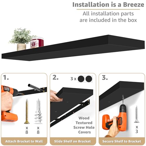 Sorbus Floating Shelves for Wall - 55 Inch Extra-Long Bathroom Shelves, Wall Decor for Bedroom, Kitchen, Living Room, Book Storage - Mounted Floating Shelf with Hidden Brackets (Black, 2 Pack) - color: Black, size: 55 Inch, style: 2 Pack