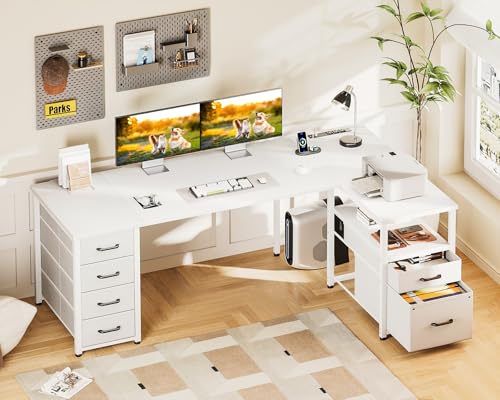 Coleshome L Shaped Computer Desk with 6 Drawers & Power Outlet, 63 Inch Office Desk with Reversible Storage Shelf & File Drawer, Home Office Desk, White - color: White, size: 63 Inch