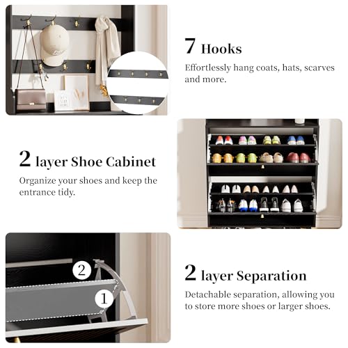 Fsbecl Shoe Cabinet for Entryway with 2 Flip Drawers & Coat Rack, Narrow Hidden Shoe Storage Cabinet with Fluted Panel, 2-in-1 Hall Tree Slim Freestanding Shoe Rack Organizer for Hallway, Black - color: Black- Double Layer With Rack