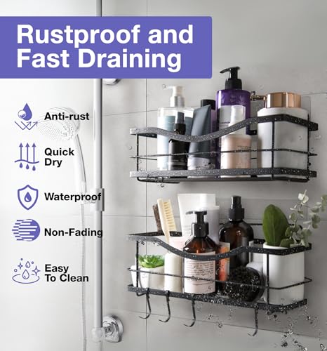 KINCMAX Premium Shower Caddy, Self Adhesive Shower Organizer w/ 4 Hooks, No Drill Shelves for Inside Shower, Rustproof Stainless Steel Shower Rack for Bathroom, Matte Black - color: Matte Black, size: 2-Pack Caddies
